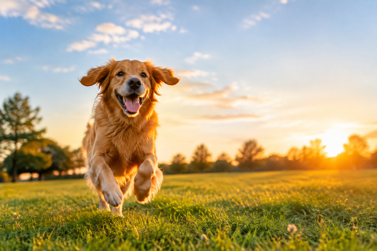 Dog running through a sunny park at golden hour